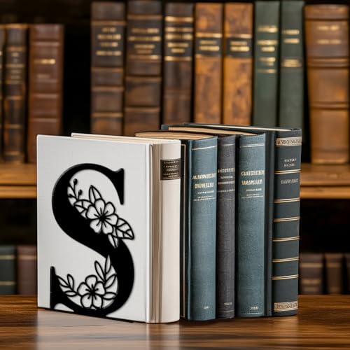 5.3"x4.3"x7.1" Metal Bookends, Heavy Duty Book Ends for Shelves | Letter S with Flower Theme Cast Iron Book Supports, 1 Pair Decor Stoppers for Desk, Library, Office & Home Shelves - style: Letter S with Flower