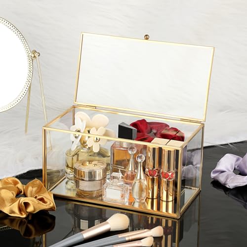 Hipiwe Gold Glass Decorative Boxes Rectangular Keepsake Shadow Box with Lid | Mini Garden Jewelry Display Case Vanity Lidded Boxes for Wedding Cards, Trinkets, Photos & Perfume - 8.3"x4.3"x4.3"