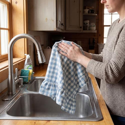 HunnmingRe 2 Pcs Dusty Blue Gingham Kitchen Towels Cotton Ruffle Dish Towel | 100% Cotton Dish Cloths, 18x28 Inch Tea Towels For Farmhouse Gifts, Soft Absorbent, Drying Dishes, Classic Plaid Pattern - color: Dusty Blue, style: Gingham