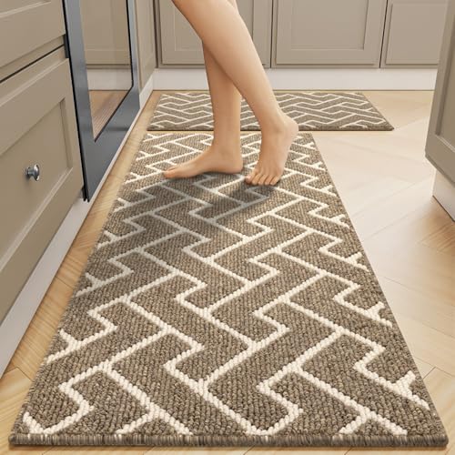 hicorfe Kitchen Runner Rug,Set of 2 Non Slip Kitchen Mats for Floor,Comfort Washabe Kitchen Rugs Carpet for Hallways Entryway Laundry Room(20"x32"+20"x48",Brown) - color: Brown, size: 20"x32"+20"x48"