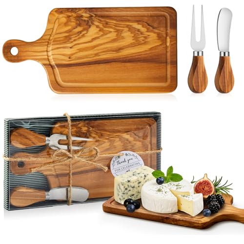 1 Set Bridal Baby Shower Cheese Prizes Wooden Square Board Gift Set Knives Forks Thank You Tags with Box for Guests for Valentines Bridal Baby Shower Housewarming (Olive Wood) - color: Olive Wood Color