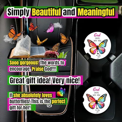 Christian Car Coasters for Cup Holders - 2 Pack Cute Butterfly Bible Verses Car Accessories for Women, Inspirational Faith Decor, Absorbent Ceramic Cup Holder Coaster for Car, Scripture Religious Gift