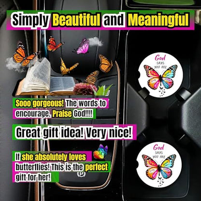 Christian Car Coasters for Cup Holders - 2 Pack Cute Butterfly Bible Verses Car Accessories for Women, Inspirational Faith Decor, Absorbent Ceramic Cup Holder Coaster for Car, Scripture Religious Gift