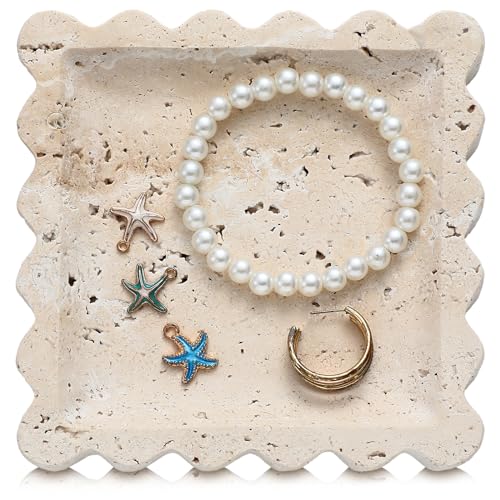 5.5 Inch Small Travertine Stone Tray Marble Jewelry Dish Trinket Tray for Women, Perfume, Coffee Table(Square,Scallop) - style: Square，Scallop
