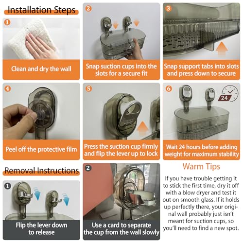 AVOKIHI Suction Cup Shower Caddy with 6 Hooks, No Drill Shower Shelf | Features 6 hanging hooks for loofahs and razors. Clear waterproof bathroom organizer. No drill traceless suction design. - color: White