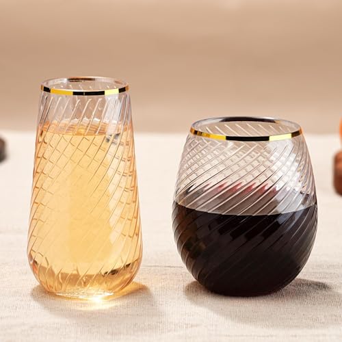 48 Pack Plastic Wine Glasses – 24 x 9oz Stemless Champagne Flutes & 24 x 12oz Disposable Wine Glasses – Elegant Disposable Plastic Cups with Gold Rim – BPA-Free Drinkware for Weddings, Parties-Spiral - color: Gold Rim Hammered