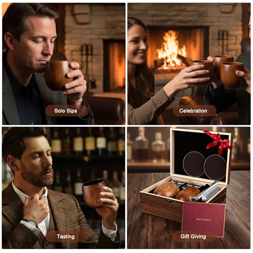 Charred Wooden Bourbon Drinking Glass Wooden Whiskey Glasses Set of 2 17-Piece Complete Whiskey Gift Set Old Fashioned Glass Bourbon Gifts for Men Dad, Husband, Brother (Silver Accents) - style: 2 Pack – Wooden Gift Box (Silver Accents)