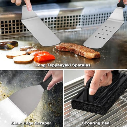 ROMANTICIST 29PCS Griddle Accessories Set - Flat Top Teppanyaki Spatula Set with Scraper, Basting Cover for Camp Chef- Home Cooking Griddle and Outdoor BBQ Gifts for Christmas - style: Black