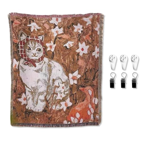 LumiSyne Woven Tapestry Throw Blanket With Hangers And Clips Cute Pet Pattern Cotton Throw With Tassel Decorative Throws For Sofa Bed Armchair Multi-Function Picnic Blanket Tablecloth Carpet 160x130cm - color: Cat With Headscarf