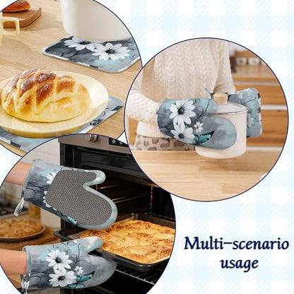 Turquoise Daisy Butterfly Oven Mitts and Pot Holders Sets of 4 Farm Floral Heat Resistant Silicone Oven Mits Gloves Non-Slip Kitchen Mittens Potholders for Cooking Baking Grilling BBQ - color: Turquoise Daisy Butterfly,farm Floral