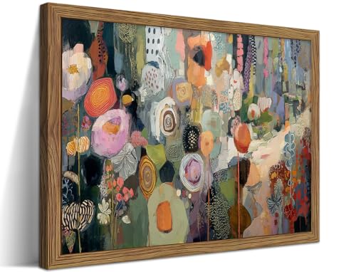Framed Vintage Colorful Flower Canvas Wall Art, Abstract Floral Graffiti Poster Prints, Modern Boho Botanical Artwork, Elegant Nature Wall Decor for Living Room Bedroom Office 12x16in - color: Abstract Flower, size: 16"L x 12"W