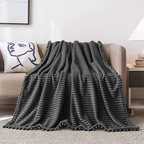 DISSA Fleece Blanket Twin Size – 60x80, Dark Grey – Soft, Plush, Fluffy, Fuzzy, Warm, Cozy – Perfect Throw for Couch, Bed, Sofa - with Pompom Fringe - Flannel Blanket Throw Blanket - color: Dark Grey, size: 60x80"