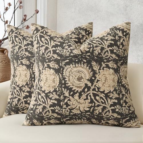 Vintage Floral Print Throw Pillow Covers 26x26 Set of 2 Neutral Modern Farmhouse Accent Decorative Cushion Covers Boho Home Decor for Couch Sofa Chair Bed Living Room, Black - color: Black, size: 26" x 26" (Pack of 2)