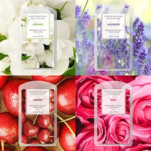 Wax Melts, Scented Melts Cubes for Wax Warmers, 4 x 2.5 oz | Summer Flower Scent Wax Melts - Rose, Lavender, Jasmine, Cherry, Home Fragrance Decor
