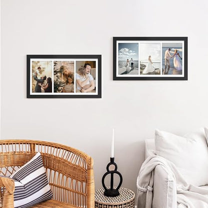 DUENPY 8x16 Collage Picture Frame, 5x7 Collage Picture Frame Displays Three 5x7 inch Photos, or 8x16 (Without Mat) for Available Horizontal Wall Mounting Display and Vertical, Black. | Wall Mount Display, Horizontal & Vertical, 8x14 (Without Mat) Photo Fr