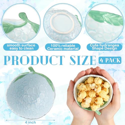 LemonRoad 4 Pcs Hydrangea Bowls Set Ceramic Floral Ramekins Dinnerware Spring Summer Tableware Appetizer Bowls Decorative Dinner Birthday Party Tableware for Baby Shower Party Supplies
