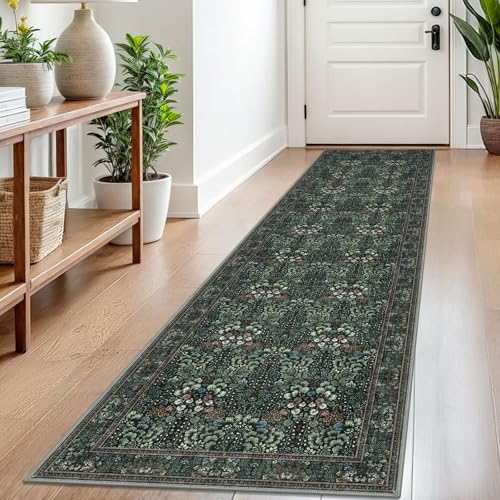 SIILOOM 2x8 Washable Runner Rug, Non Slip Soft Area Rug for Hallway Kitchen | Dark Green(Modern) Boho Vintage Floral Spill & Stain Resistant Low Pile Carpet for Entryway Office Bedroom, Easy Clean - color: Dark Green(modern), size: 2' x 8' (Runner)