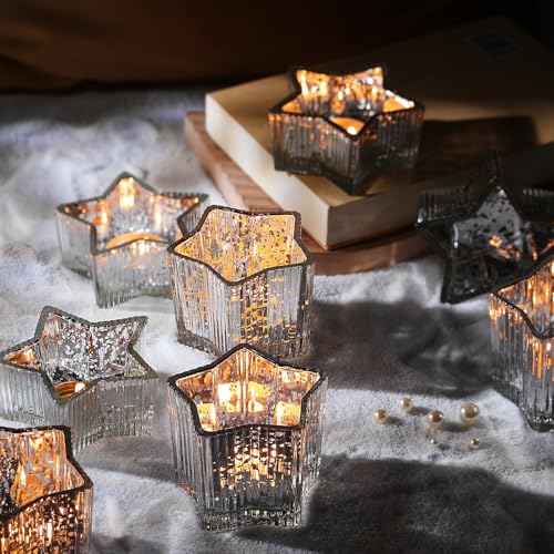 Letine 10pcs Silver Ribbed Star Candle Cups - Assorted Height Tea Light Holders, Votive Candle Holders forWedding, Fall Table Centerpiece, Mercury Glass Lucky Star Jar Decor(Tall 2.44", Short 1.57") - color: Silver, size: 10pcs