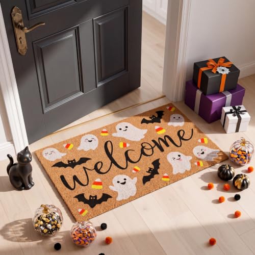 Halloween Welcome Doormat, 16.5x30in Faux Coir Welcome Door Mat | Non Slip Backing, Washable and Reusable, Quick Drying, Bat Ghost Candy Pattern, Halloween Decor, Indoor Outdoor Porch Use - style: Halloween