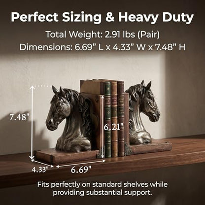 Heavy Duty Horse Bookends, 2.91lbs Resin Elegant Decorative Book Ends with Non-Slip Pads, Classic Animal Bookends for Bookshelf Office Desk Decor, Meaningful Home Décor Gift (Pair, 7.5") | Heavy Duty Weighted Design with Non-Slip Pads, Classic Animal Deco