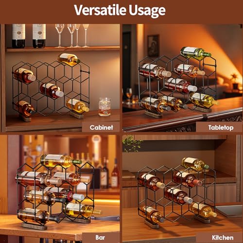 Nuovoware Countertop Wine Rack, 14-Bottle, 3 Tier, Black+Brown | Wine Bottle Organizer Storage, Freestanding Modern Carbon Steel Holder, Hexagonal Structure, for Cabinet, Pantry