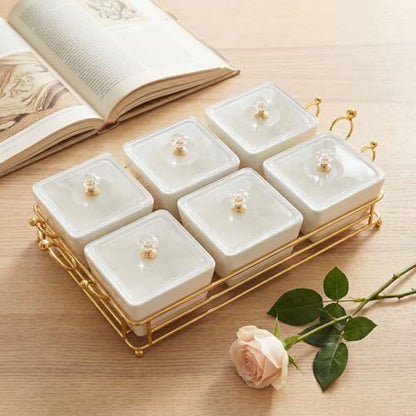 YA JU Ceramic Bowls and with Lid Gold Basket Trays, 6 Removable Small Bowls Condiment Trays Nut Serving Set for Snacks, Fruits, Candy and Condiments -Great for Parties, Holiday Gifts, White - color: White 6 Removable snack Bowls