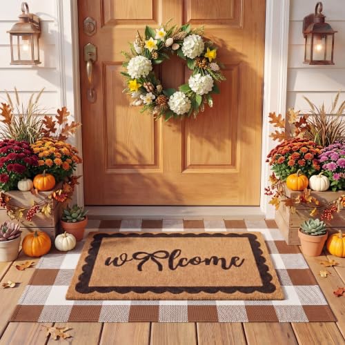 2 Pcs Bow Welcome Front Door Mats Combo Set Coco Coir Welcome Doormat 27.5''x43'' Layered Buffalo Burnt Orange White Plaid Rug Extra Thick Nonslip Backing for Outdoor Porch Entryway Decor - color: Burnt Orange