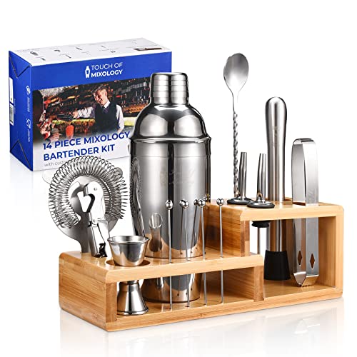 14PC Bartender Kit - Silver Cocktail Shaker Set - All Barware Essentials for Drink Mixing Includes Stand, Martini Shaker, Jigger, Strainer, Mixer Spoon, Muddler, Liquor Pourers, Touch of Mixology - color: Silver