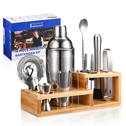 14PC Bartender Kit - Silver Cocktail Shaker Set - All Barware Essentials for Drink Mixing Includes Stand, Martini Shaker, Jigger, Strainer, Mixer Spoon, Muddler, Liquor Pourers, Touch of Mixology - color: Silver