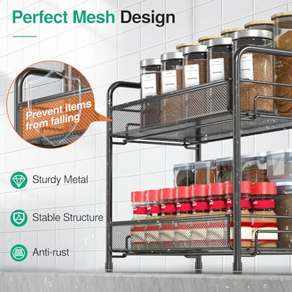 Spice Rack Organizer for Countertop,Xpatee 2-Tier Foldable Metal Rust-Proof Standing Large Seasoning Storage Shelf with Guardrail and Mesh Design for Kitchen Cabinet Bathroom Living Room Pantry, Black - size: Black-1 pack