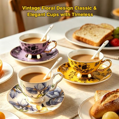 Bone China Tea Cup and Saucer Set with Spoon, 7 Oz Elegant Floral Teacup, British Style Porcelain Cup and Saucer, Gift for Women, Birthday and Christmas - color: flower-W01