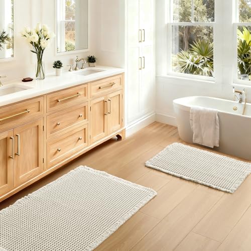 JIUZHEN Set of 2 Waffle Bath Mat Super Absorbent Bath Mats Machine Washable Waffle Rugs for Bathroom Floor Non Slip Dry Fast Bathroom Rugs for Beside Tub, 16" x 24" +20" x 32", Ivory - color: Ivory, size: 16"x24" + 20"x32"