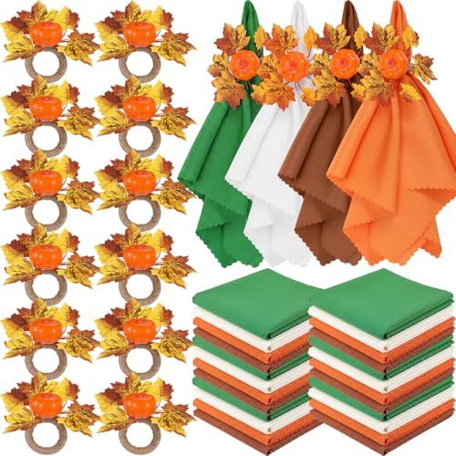 LemonRoad 36 Pcs Cloth Napkins and Napkin Ring Holders, Reusable Fabric for Table Decor Banquet Holiday Dinner Party Supply(Orange,Coffee, White, Green,Fall) - color: Orange, style: Coffee, White, Green,Fall