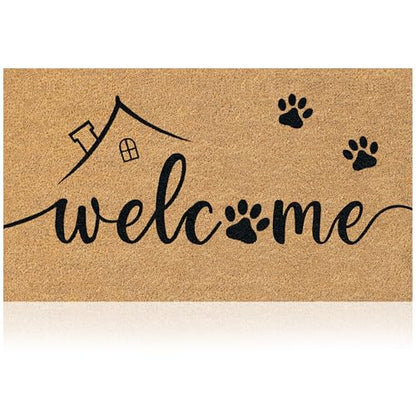 Coir Welcome Mat, Non-Slip, Welcome Paws, 17 x 29 in | 100% Natural Coir, Anti-Shedding, Durable PVC Backing, Traps Dirt and Mud, Indoor and Outdoor Entryway, Easy to Clean - color: Welcome Paws
