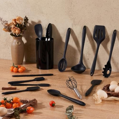 LIANYU 14 Pcs Silicone Kitchen Utensils Set with Holder, Black | 446°F Heat Resistant Silicone Cooking Utensils Spatula Set, Non-Stick & Dishwasher Safe Cooking Tools, Comfort Grip Handle - color: Black