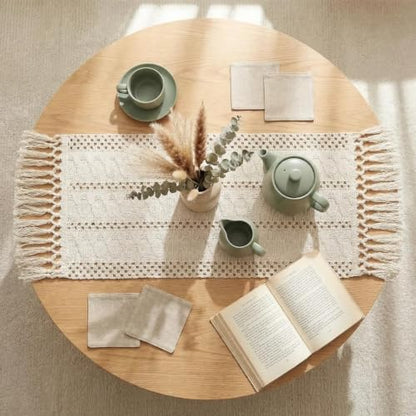 36" Boho Macrame Table Runner, Short Cream Coffee Runner, Nightstand - color: Beige, size: 36 inches