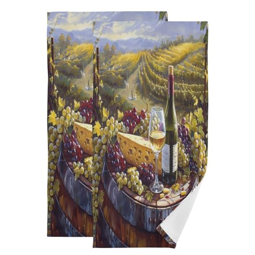 ALAZA Hand Towels for Bathroom Set of 2, Barrel Wineglasses Cheese and Bottle in Vineyard Ultra Soft and Absorbent Fingertip Towels & Face Cloths, 28 x 14 inch - color: Multicolor07