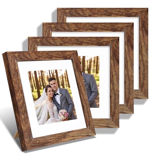 Hongkee 8x8 Picture Frames Set of 4, Made of Glass and Rustic Brown Wooden Frame - Display Picture 6x6 with Mat or 8 x 8 Without Mat, 8 by 8 Photo for Wall or Tabletop - color: Rustic Brown, size: 8x8 in