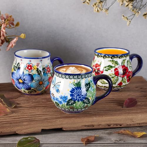 13oz Ceramic Coffee Mug, Hand-Painted Floral Polish Pottery Style Cup, Large Stoneware Tea Mug with Handle, Microwave & Dishwasher Safe (Flower A) - color: Flower A
