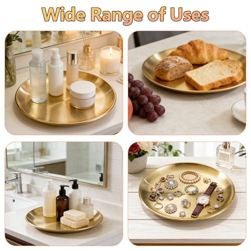 6 Pcs 12 Inch Round Gold Tray - Large Gold Tray Decorative Serving Bar Dish Key Bowl Mirror Dresser Vanity Tray for Jewelry Makeup Organizer, Bathroom, Candle, Perfume, Countertop