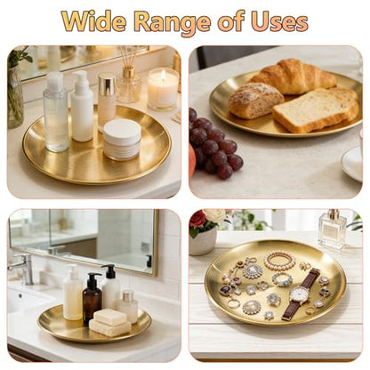 6 Pcs 12 Inch Round Gold Tray - Large Gold Tray Decorative Serving Bar Dish Key Bowl Mirror Dresser Vanity Tray for Jewelry Makeup Organizer, Bathroom, Candle, Perfume, Countertop