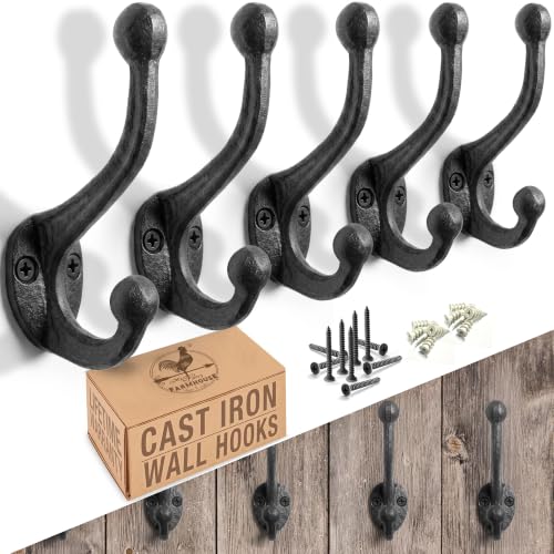 Rustic Cast Iron Coat Hooks (5 Pack) Wall Mounted Farmhouse Decorative Wall Hooks, Vintage Hooks for Hanging Coats, Bags, Hats, Towels (Antique Black, Includes Hardware) - size: Large Simple - Set of 5