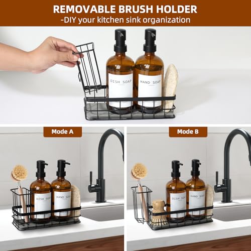 Dish Soap Dispenser for Kitchen, 16.9 fl oz Amber Hand and Dish Soap Dispensers, Kitchen Soap Dispenser Set with Sponge Holder, Brush Holder and Loofah Sponge, Countertop Sink Organizer Accessories - color: Amber