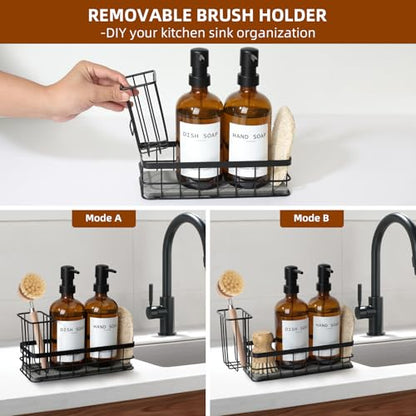 Dish Soap Dispenser for Kitchen, 16.9 fl oz Amber Hand and Dish Soap Dispensers, Kitchen Soap Dispenser Set with Sponge Holder, Brush Holder and Loofah Sponge, Countertop Sink Organizer Accessories - color: Amber
