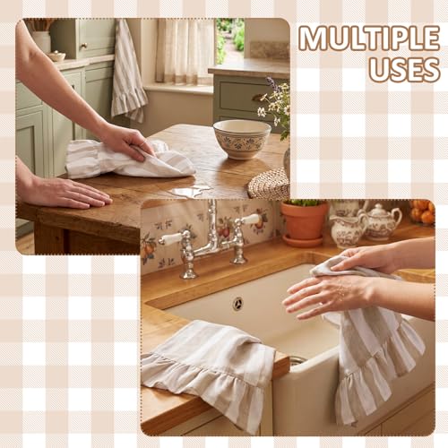 Brown Striped Kitchen Towels Set of 2, 100% Cotton Ruffled Striped Dish Towels 18"x31" Absorbent Tea Cloths Classic Pattern for Farmhouse Charm, Drying Dishes, Entertaining Guests - color: Brown