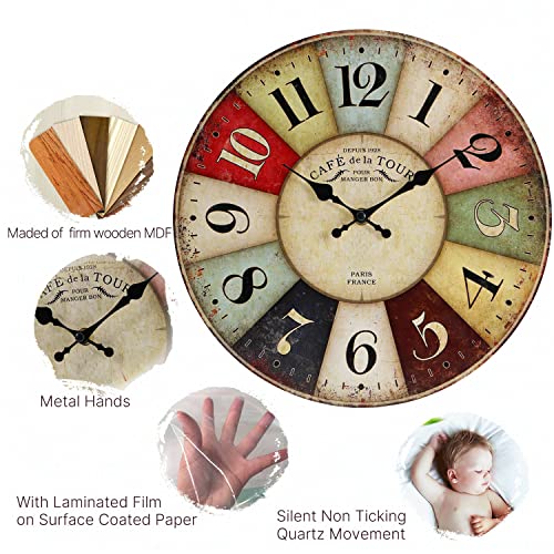 QWANPET Wall Clock - 12" Retro Rustic Style Quartz Clock, Silent Non-Ticking Wooden Battery Operated for Living Room, Kitchen, Home, Bathroom, Bedroom