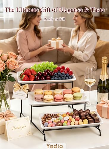 3 Tier Serving Tray, 12 Inch Dessert Display Stand, Black Stand | 3*Porcelain Durable Serving Plates, Microwave/Dishwasher Safe, Modern Cupcake Fruit Buffet Display, Wedding/Tea/Party serving - color: Black, size: 12 Inch