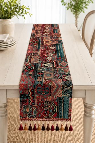 CEDAR & CLAY Boho Table Runner with Tassels, Woven Cotton Blend Farmhouse Table Runner, Rustic Geometric Dining Table Runner for Kitchen Island, Coffee Table & Home Decor (13 x 83 in) - size: 13 x 83 in