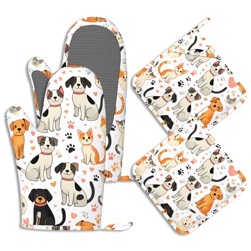 Cute Cats Dogs Potholders & Oven Mitts Sets Animal Paws Print Silicone Heat Resistant Oven Mits and Hot Pads Non-Slip Pot Holders Gloves for Kitchen Chef Cooking Baking Grilling BBQ - color: Cute Cats Dogs,animal Paws Print