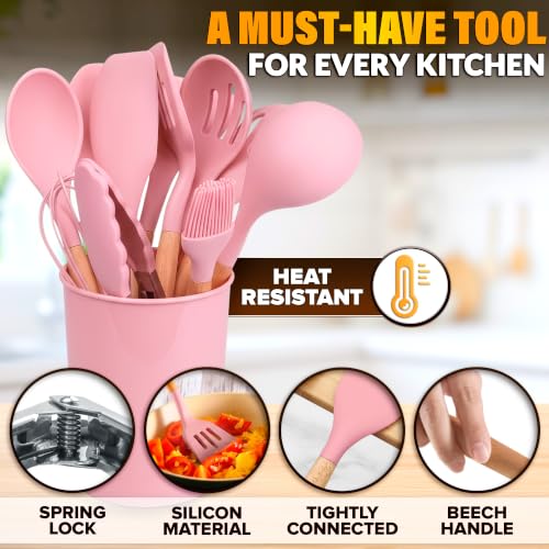 12 Pcs Pink Cooking Utensils Set with Holder for Nonstick Cookware | Silicone Kitchen Utensils Set for BBQ; Heat-Resistant Tools with Wooden Handles for Baking, Serving, Frying, and Mixing - color: Pink